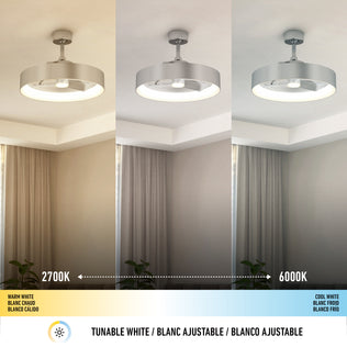 The Artika Austin 23 in. LED modern ceiling fan, shown with a quiet motor, displays its tunable white color temperature—warm white (2700K) on the left, neutral center, and cool white (6000K) on the right—controlled by remote.