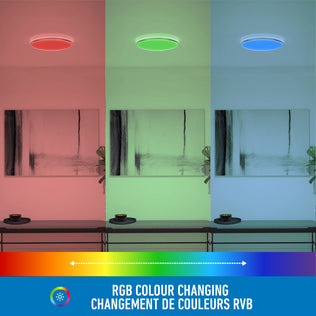 The Artika Macy 15 in. LED RGB Wifi flush mount light brightens modern living rooms with customizable color options.