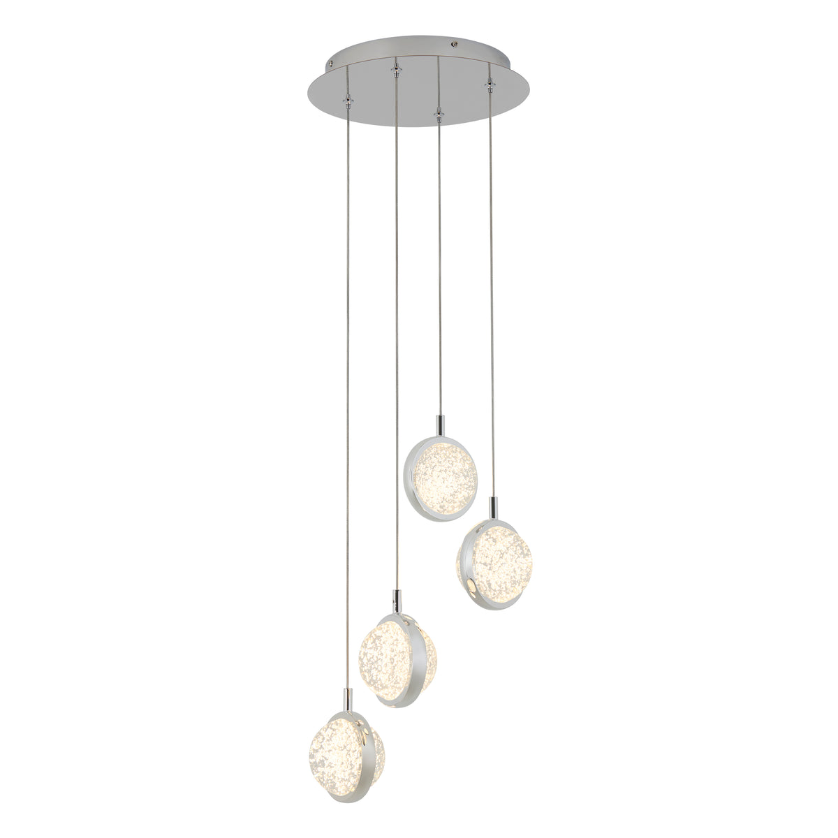 Modern ceiling pendant light with four round, textured glass discs suspended at varying heights from thin wires, attached to a circular metal ceiling plate. The discs appear illuminated.
