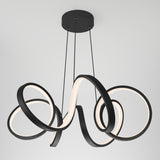 Modern ceiling light fixture with three black, looped LED rings suspended by thin cords from a round black base, creating an abstract, sculptural appearance against a white background.