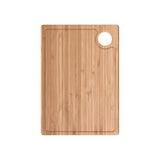 A rectangular wooden cutting board with a circular cut-out in the top right corner and a groove around the edge, viewed from above on a white background.
