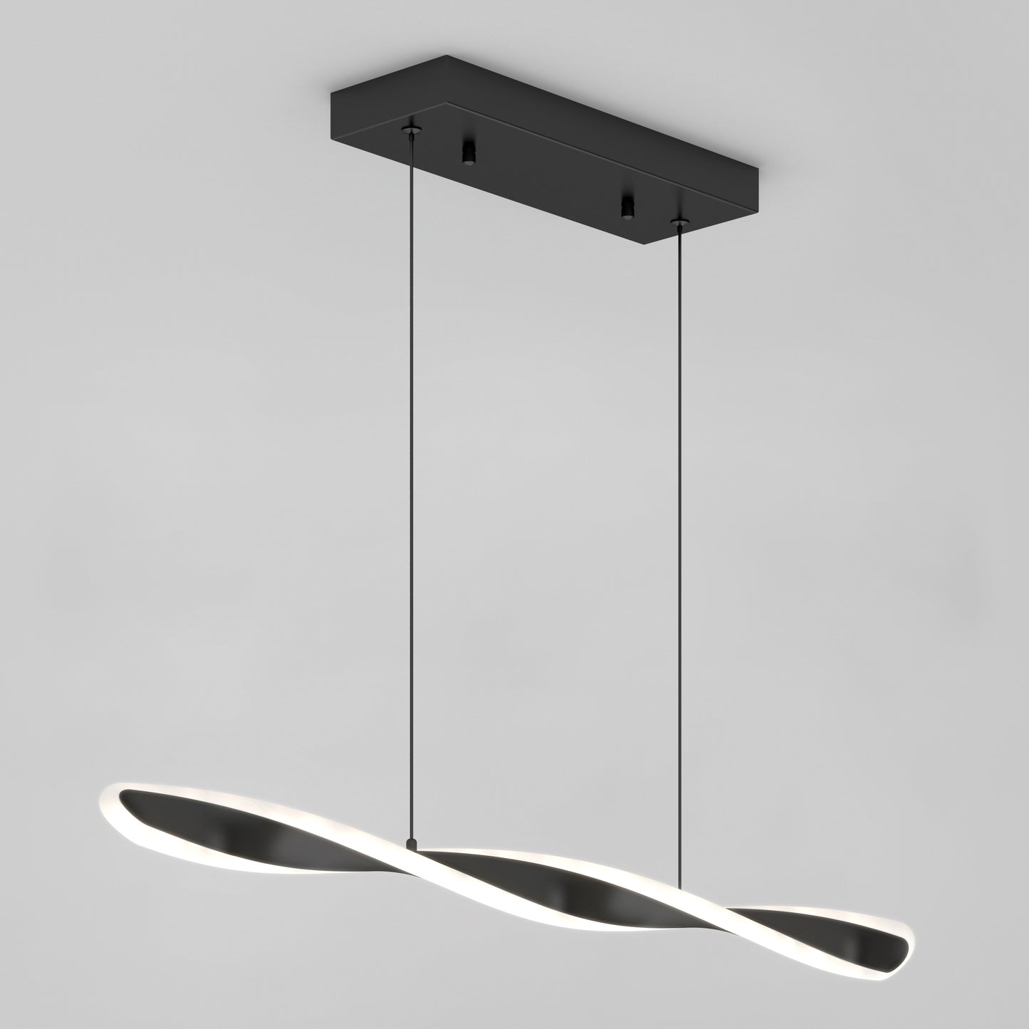 The Artika Finley Linear LED pendant light 3 CCT features a black rectangular ceiling mount with two thin wires suspending a twisted wave-shaped LED that emits a soft white glow, set against a plain light gray background.
