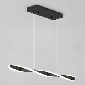 The Artika Finley Linear LED pendant light 3 CCT features a black rectangular ceiling mount with two thin wires suspending a twisted wave-shaped LED that emits a soft white glow, set against a plain light gray background.