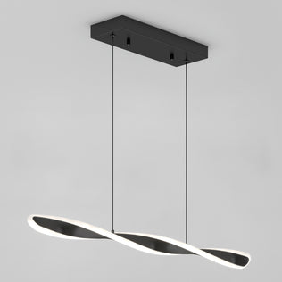 The Artika Finley Linear LED pendant light 3 CCT features a black rectangular ceiling mount with two thin wires suspending a twisted wave-shaped LED that emits a soft white glow, set against a plain light gray background.
