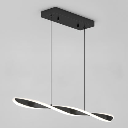 The Artika Finley Linear LED pendant light 3 CCT features a black rectangular ceiling mount with two thin wires suspending a twisted wave-shaped LED that emits a soft white glow, set against a plain light gray background.