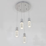 A modern ceiling light fixture with four cylindrical glass pendant lights, each suspended at different heights from a round silver base, emitting a soft white glow.