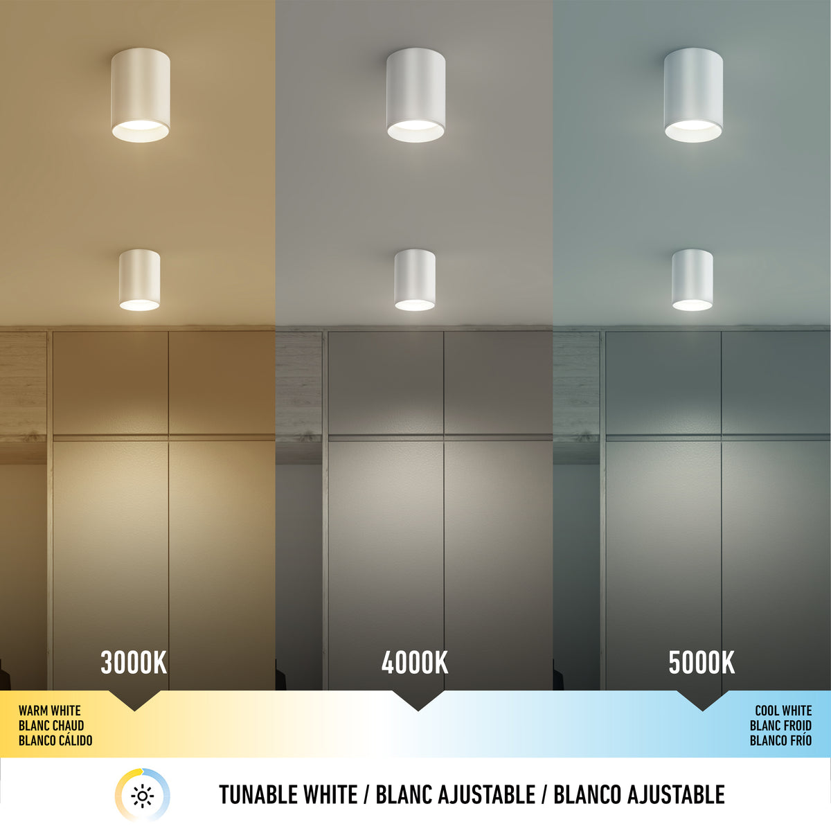 A ceiling light is shown with three different color temperatures: warm white (3000K), neutral white (4000K), and cool white (5000K), each lighting a modern room with corresponding color tones.