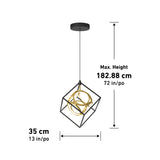 Geometric pendant light with gold rings inside a black cube frame, hanging from a black ceiling mount. Dimensions: 35 cm (13 in) wide and 182.88 cm (72 in) maximum height, shown with measurement arrows.