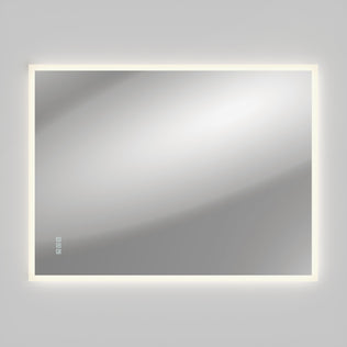 The Artika Mavis 48" x 36" Rectangular LED Mirror, 3CCT, with Defogger is mounted on a plain light gray wall. Three small touch buttons are visible on the lower left corner of the mirror’s backlit LED border.