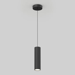 The Artika Groove LED modern pendant light 3 CCT features a sleek black cylindrical, ribbed shade suspended by a thin cord, shown against a plain light gray background.