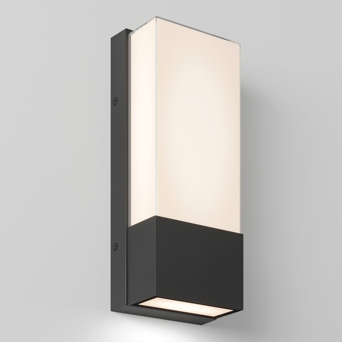 The Artika Dixon indoor-outdoor LED wall light features a modern rectangular design with a black base and frosted white glass shade, mounted on a light gray wall and emitting soft, even illumination.