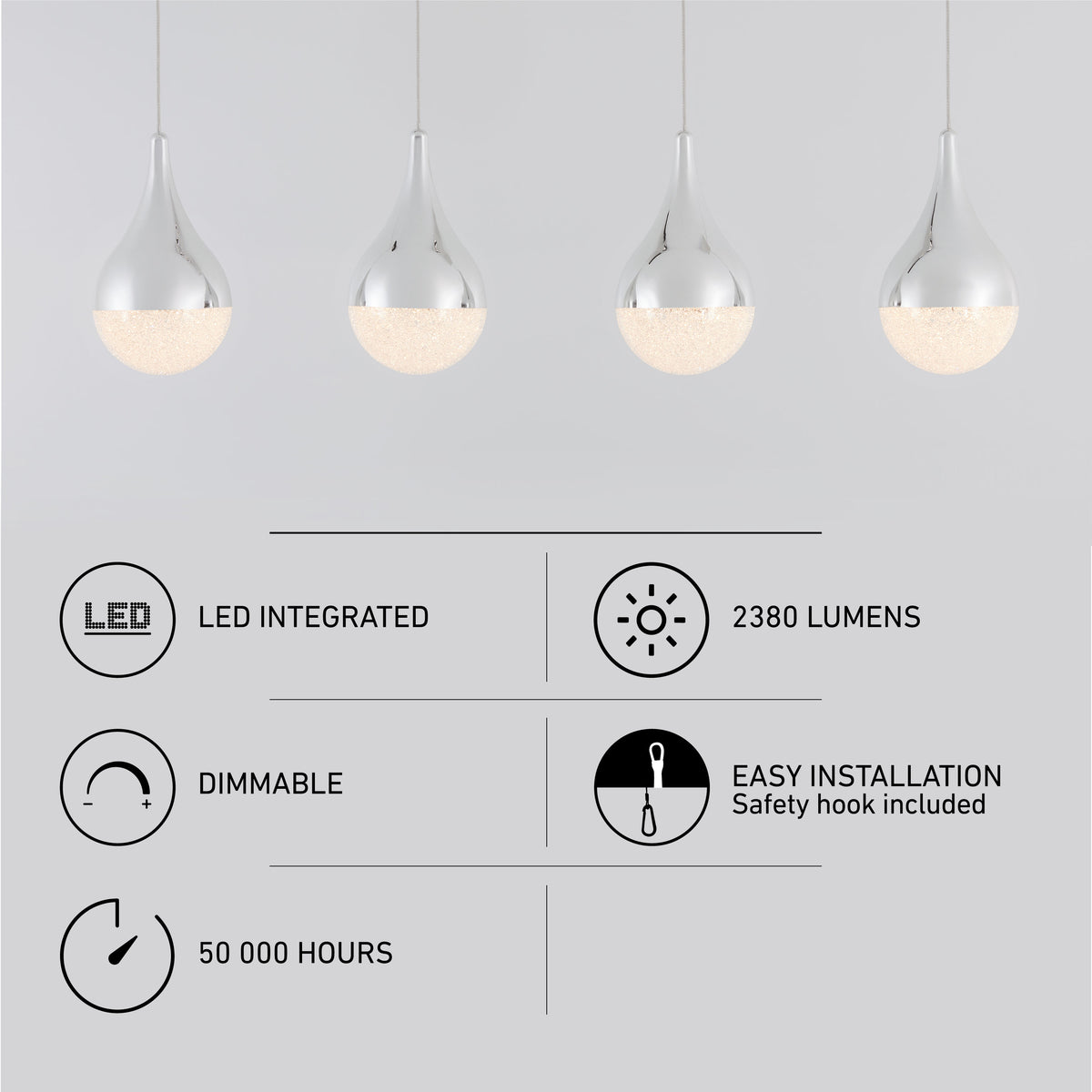 Four modern pendant lights with shiny silver tops and glowing bottoms hang above icons and text highlighting features: LED integrated, 2380 lumens, dimmable, easy installation, and 50,000 hours lifespan.
