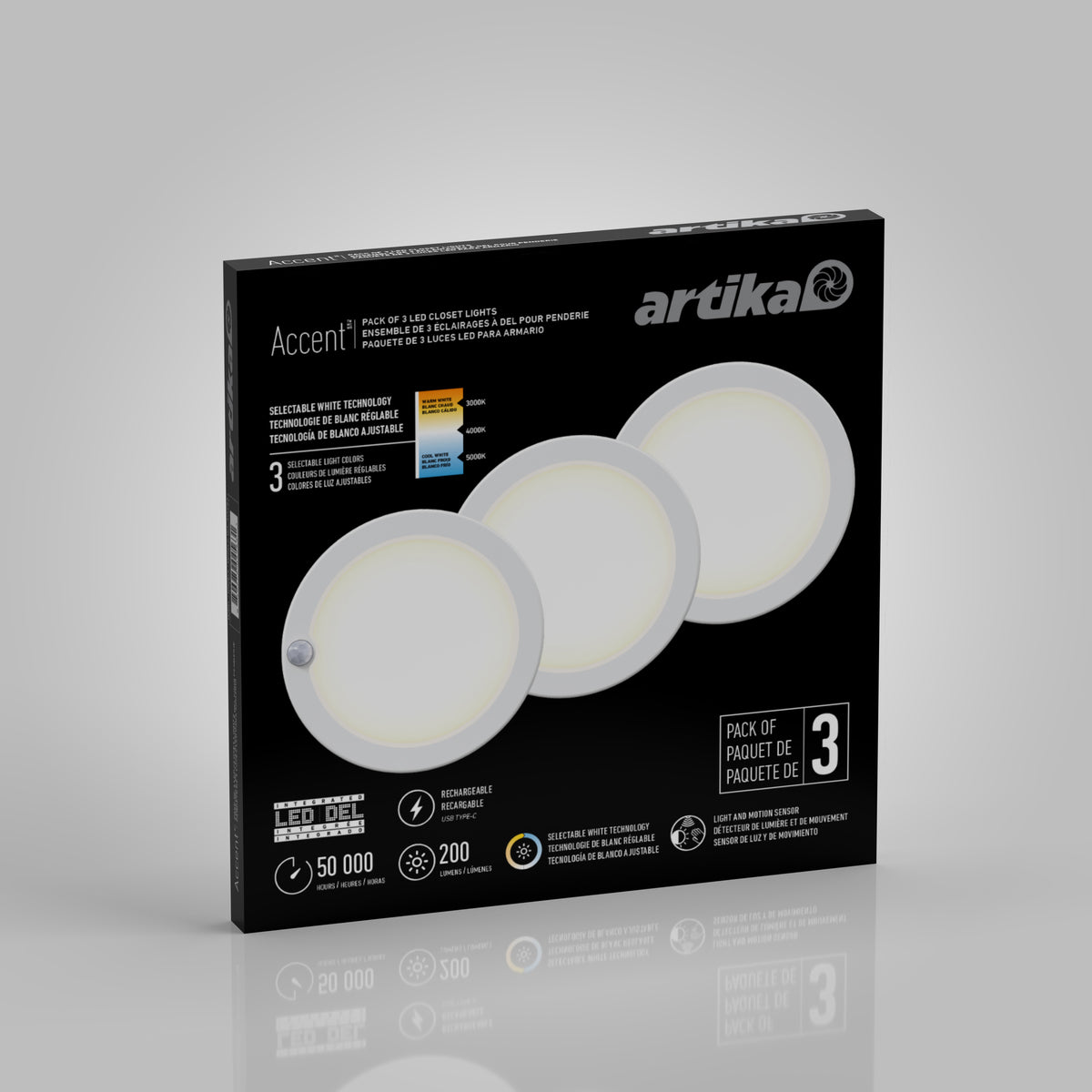 A black box of Artika Accent LED closet lights, featuring an image of three round white lights. The packaging highlights a set of 3 lights with adjustable color temperature and a 50,000-hour lifespan.