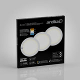 A black box of Artika Accent LED closet lights, featuring an image of three round white lights. The packaging highlights a set of 3 lights with adjustable color temperature and a 50,000-hour lifespan.