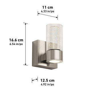Artika Essence 1-light LED vanity light, wall-mounted with metallic finish, glass shade, dimmable; dimensions shown in cm/in.