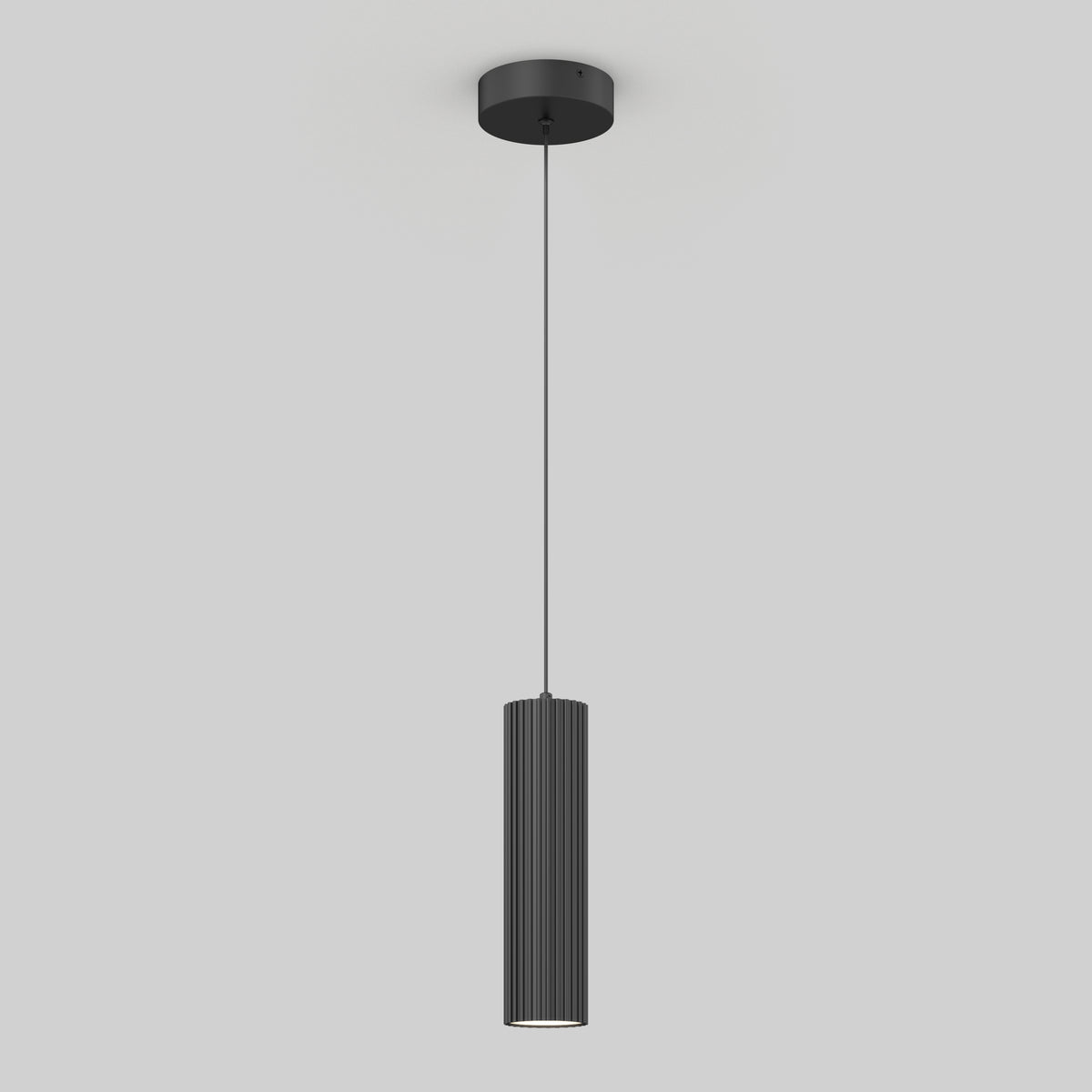The Artika Groove LED modern pendant light features a black, vertically ribbed cylindrical shade hanging from a thin cord on a round ceiling mount, displayed against a plain light gray background.