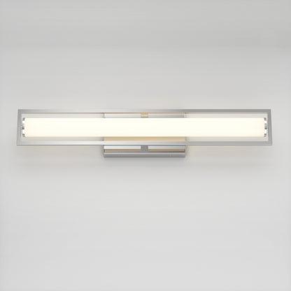 The Artika Rialto modern LED bathroom vanity light 3 CCT features a sleek rectangular design with a frosted glass cover, emits soft, even light, and offers dimmable, adjustable brightness for customizable ambiance.