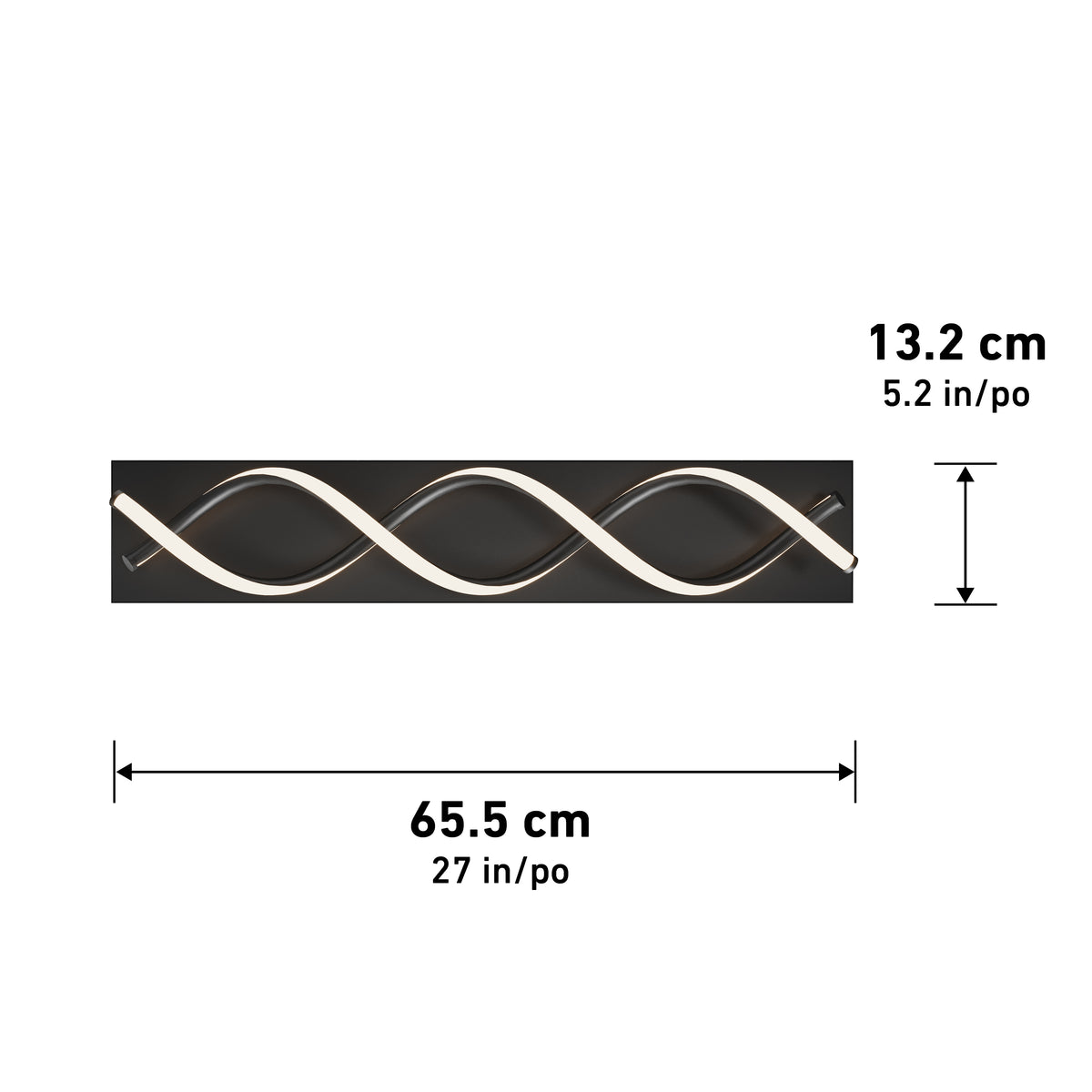 Rectangular black wall light fixture with a wavy, white LED strip design. Dimensions are shown: 65.5 cm (27 in) wide and 13.2 cm (5.2 in) tall.
