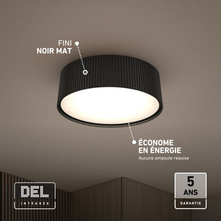 Artika Groove 13 in. (33 cm) Modern LED Flush Mount Ceiling Light 5 CCT, a round black ribbed LED light with a matte finish.