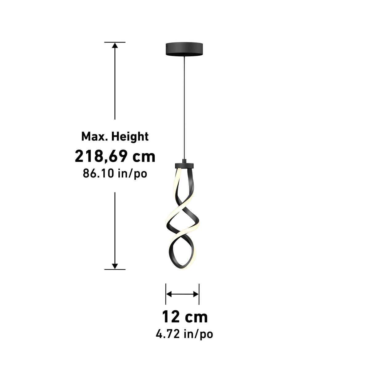 Modern black pendant light with a twisted loop design, suspended from a round ceiling mount. Text indicates a maximum height of 218.69 cm (86.10 in) and a width of 12 cm (4.72 in).