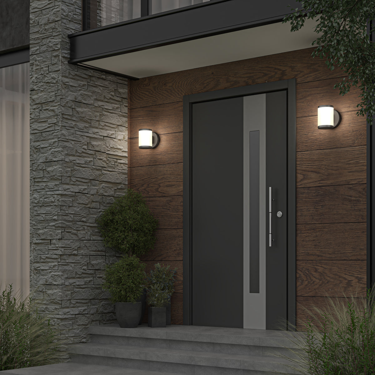 Modern entry with concrete steps, stone and wood accents, potted plants, and Artika Landon LED Outdoor Wall Light 2-Pack.