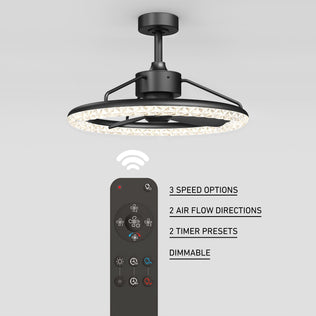 Artika Carat 23" LED ceiling fan features remote, gemstone-cut diffuser, speed, airflow, timer, and dimmable settings.