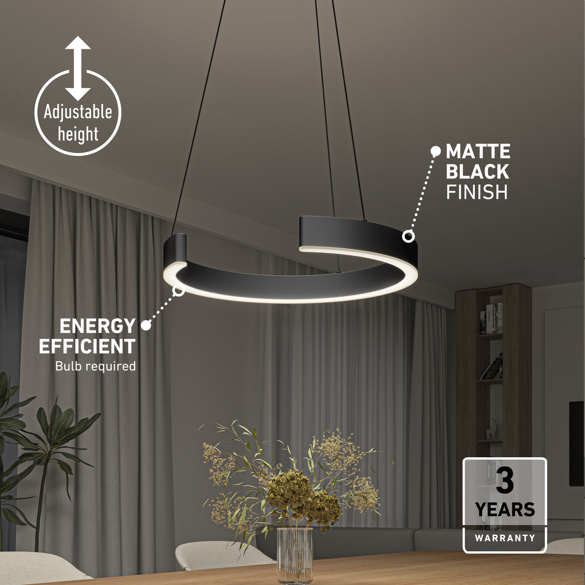 Modern circular pendant light with a matte black finish hangs over a dining table with a floral centerpiece. Text highlights its adjustable height, energy efficiency (bulb required), and a 3-year warranty.
