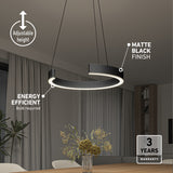 Modern circular pendant light with a matte black finish hangs over a dining table with a floral centerpiece. Text highlights its adjustable height, energy efficiency (bulb required), and a 3-year warranty.