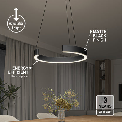The Vance modern LED pendant light 3 CCT by Artika-CAN-dev features a matte black ring-shaped design, adjustable height, energy efficiency (bulb required), and a 3-year warranty—perfect above a dining table with flowers.