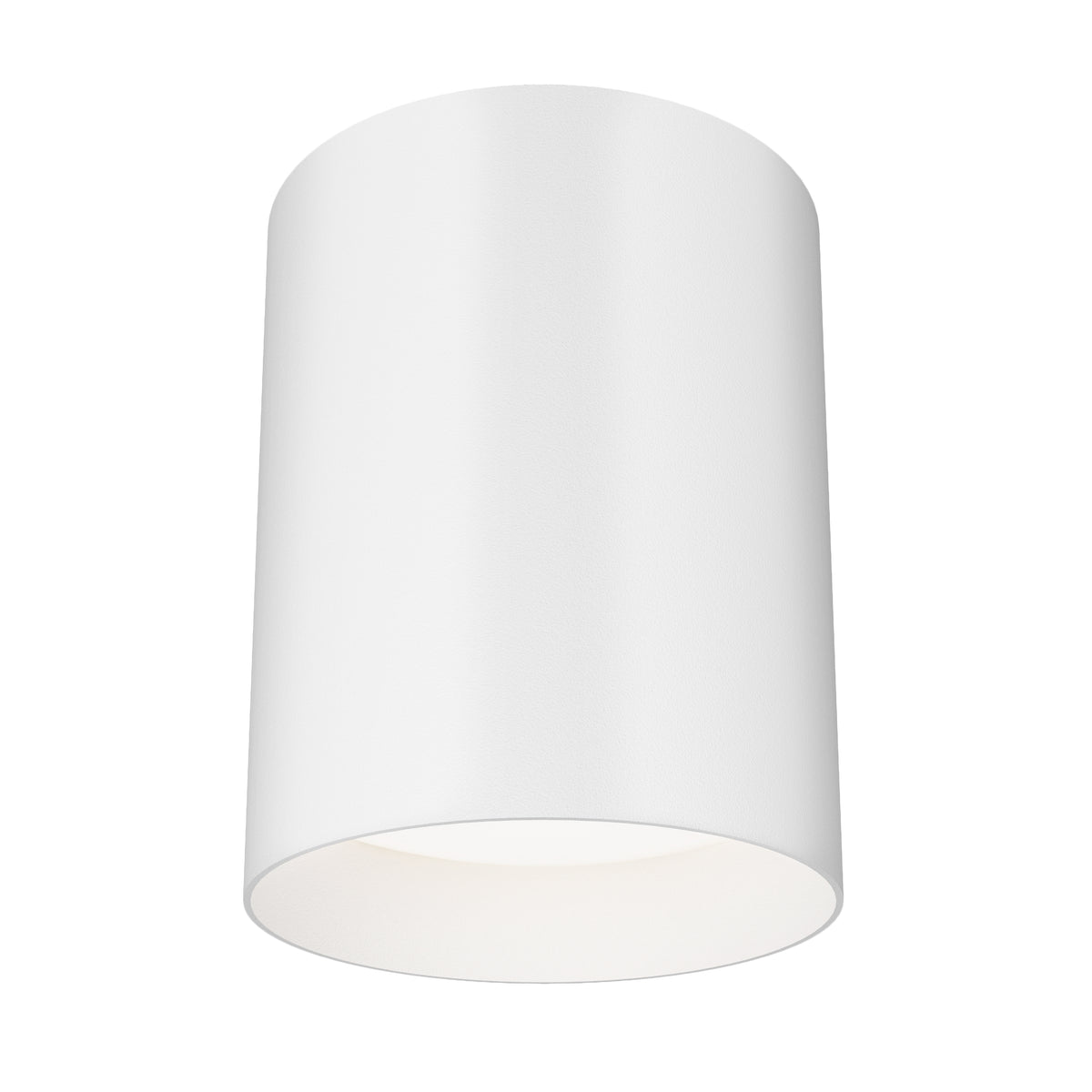 A minimalist, cylindrical ceiling light fixture in matte white, with an open bottom allowing light to shine downward. The design is simple and modern, suitable for contemporary interiors.