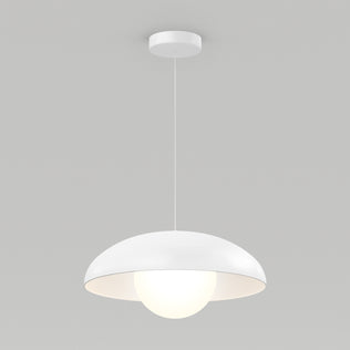 The Artika Boden LED modern mid-century pendant light 3 CCT features a dome-shaped white shade and hangs by a thin cord, showcasing a glowing spherical bulb against a plain light gray background.