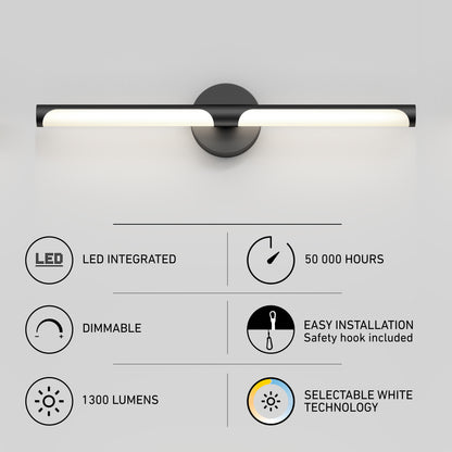 The Artika Ilona LED bathroom vanity light in black features integrated LEDs, 50,000-hour lifespan, dimmable function, easy installation, 1300 lumens brightness, and 5 selectable color temperature (CCT) options.