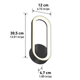 Modern oval wall lamp with black base, illuminated ring design, measuring 30.5 cm (12.01 in) tall, 12 cm (4.72 in) wide, and 4.7 cm (1.85 in) deep. Dimensional arrows indicate each measurement.