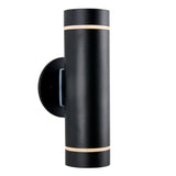 A modern cylindrical black wall sconce with a matte finish, mounted on a round base. The light features narrow frosted bands near the top and bottom edges for illumination.