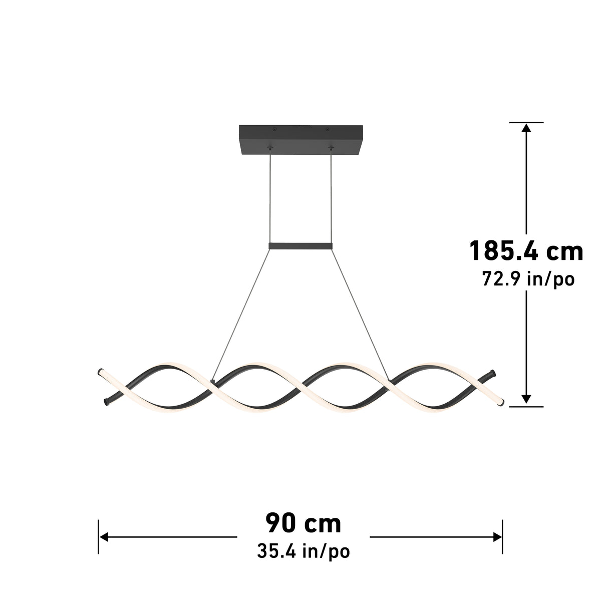 Modern pendant light with a wavy, double-helix design suspended by two wires. Dimensions are shown: height 185.4 cm (72.9 in), width 90 cm (35.4 in). Black ceiling mount and base.