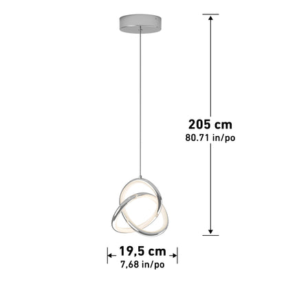 Modern pendant light with interlocking LED rings, suspended from a round ceiling mount. The length is 205 cm (80.71 inches) and the width is 19.5 cm (7.68 inches). Dimensions are labeled with arrows.