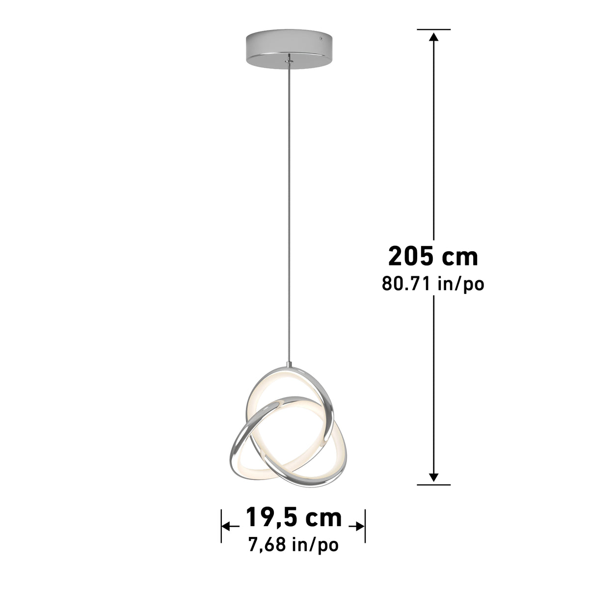 The Zephyr LED pendant by Artika features intertwined LED rings and hangs from a round ceiling mount. It measures 205 cm (80.71 in) tall and 19.5 cm (7.68 in) wide, with both vertical and horizontal dimensions shown.