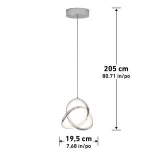 The Zephyr LED pendant by Artika features intertwined LED rings and hangs from a round ceiling mount. It measures 205 cm (80.71 in) tall and 19.5 cm (7.68 in) wide, with both vertical and horizontal dimensions shown.
