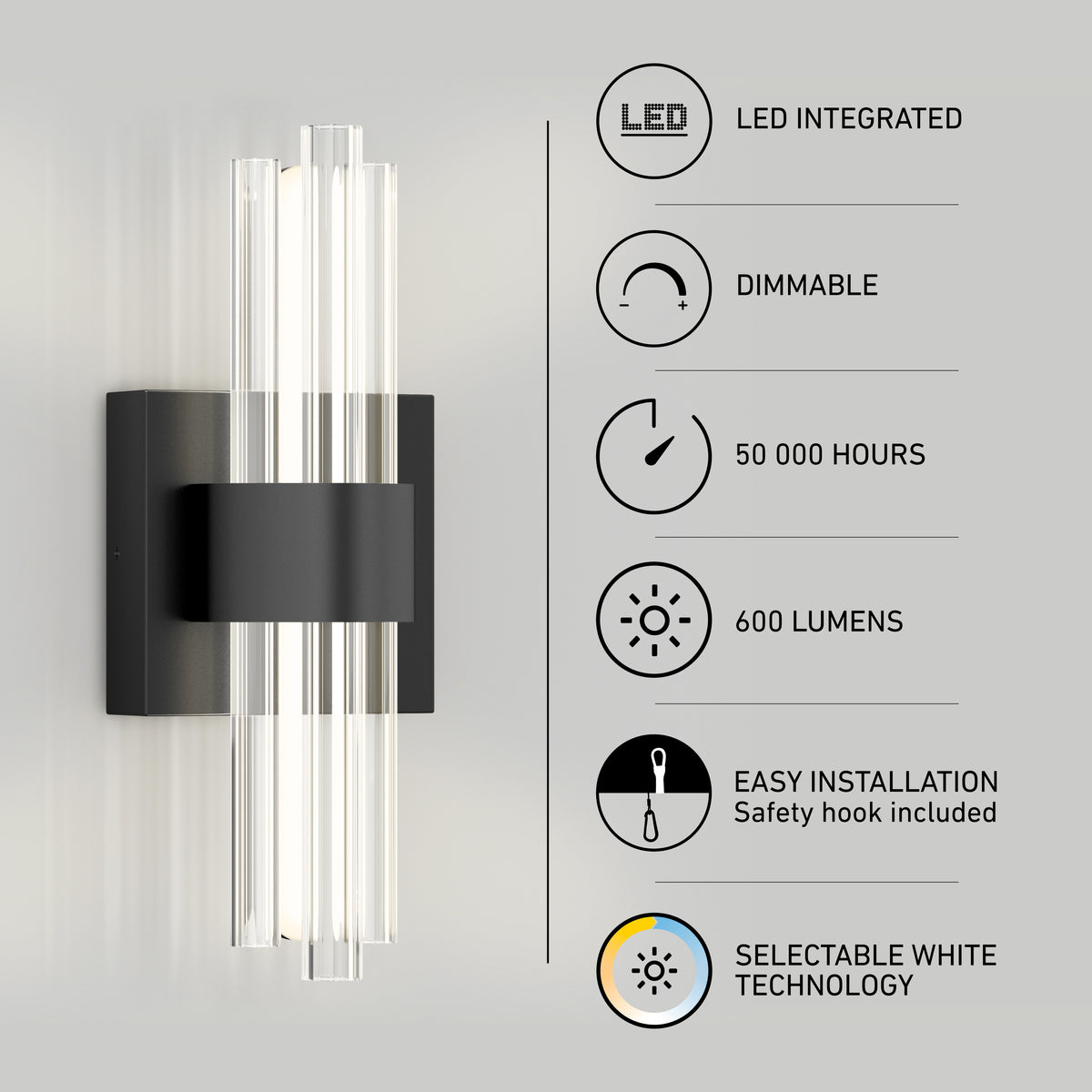 Artika’s Dorado contemporary LED wall sconce features gold finish, vertical glass rods, and a black base. Key features: integrated LED, 3 CCT dimmable, 50,000-hour lifespan, 600 lumens brightness, and easy installation.