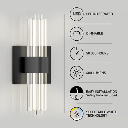 The Artika Dorado LED contemporary wall sconce features clear vertical glass rods, a black rectangular base, and 3 CCT selectable white technology. It offers dimmable lighting, 600 lumens, 50,000-hour lifespan, and easy installation.