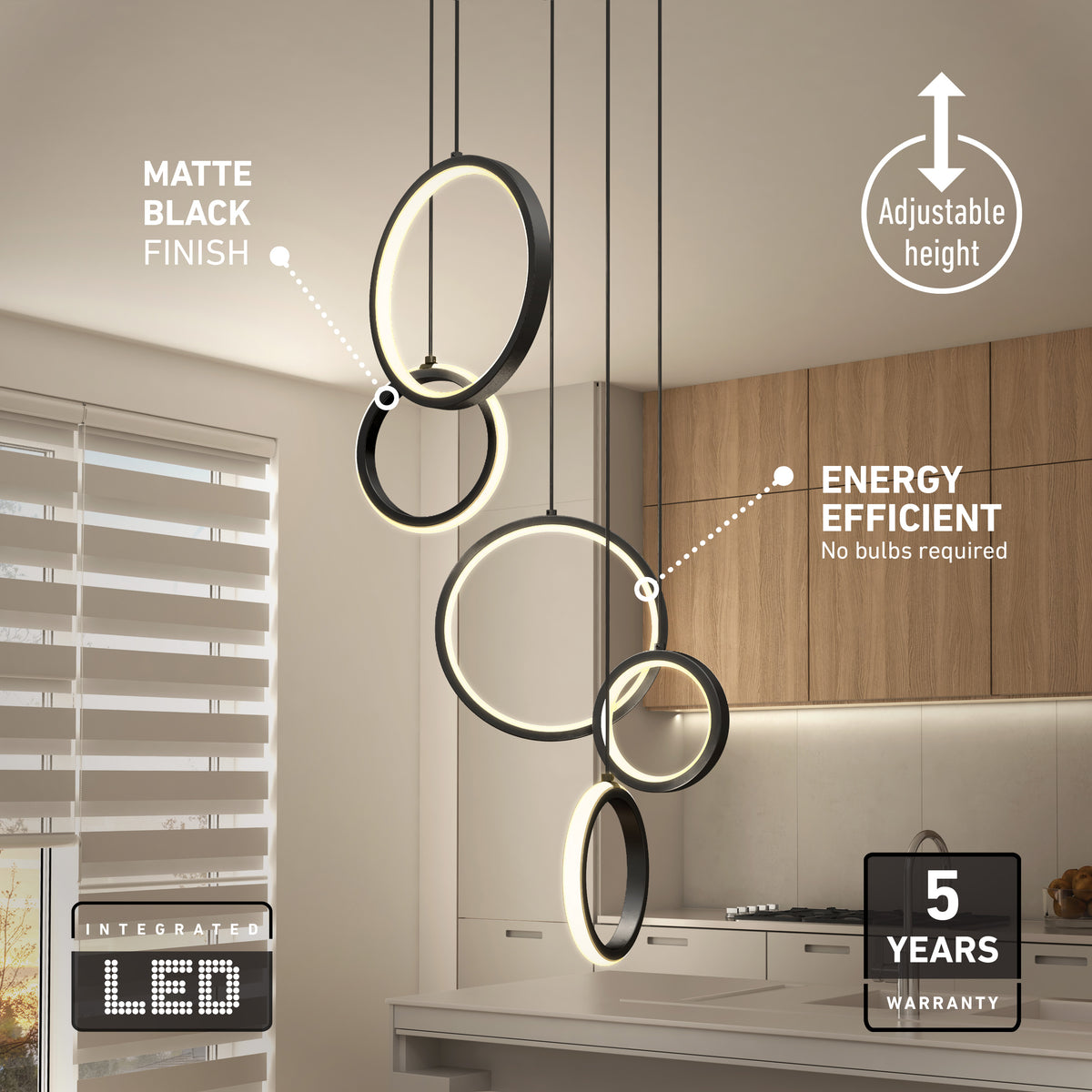 Modern kitchen with wood cabinets and a window with blinds features a matte black, circular LED pendant light. Text highlights adjustable height, energy efficiency, integrated LED, and a 5-year warranty.