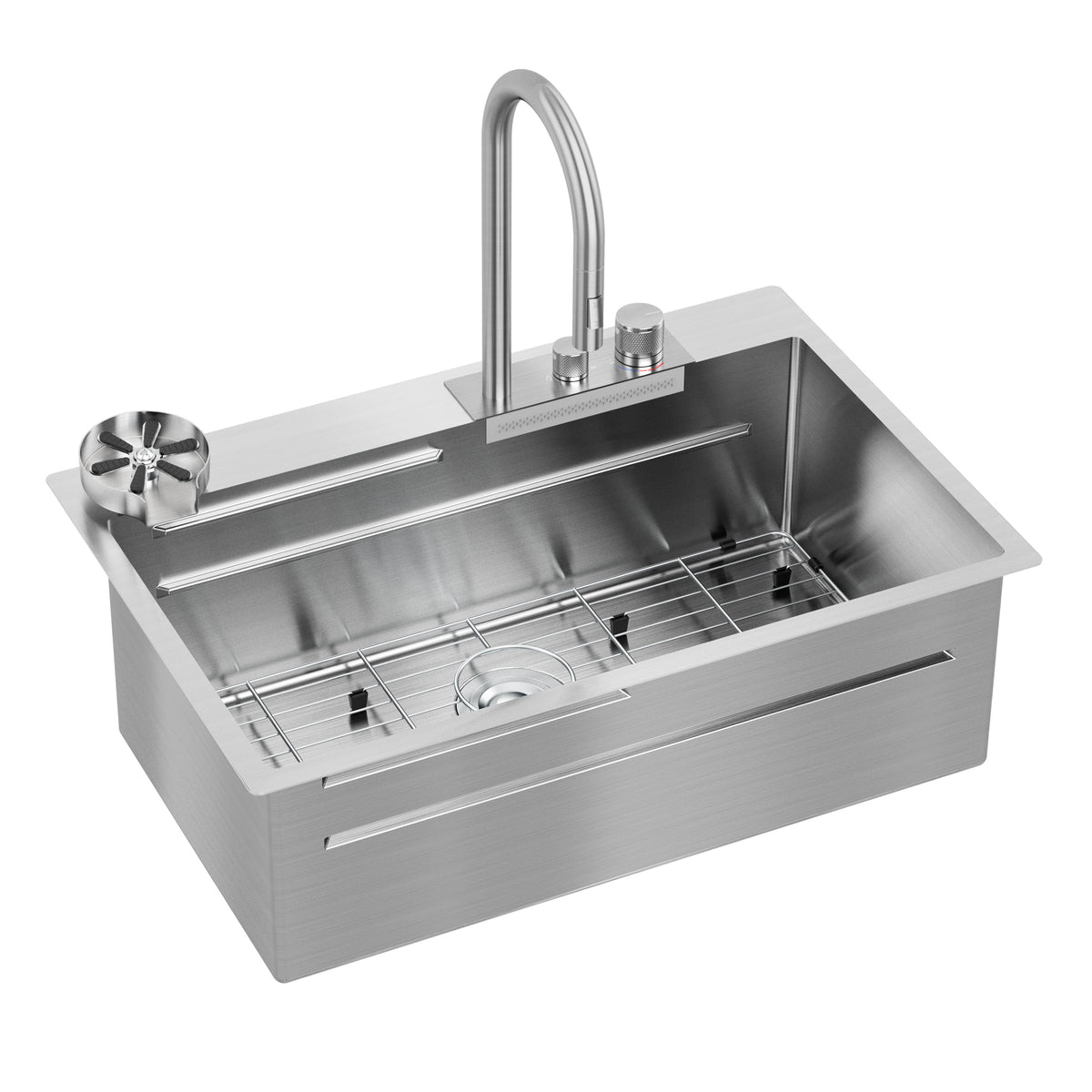 The Artika Neoflow single bowl 31 in. stainless steel workstation sink features a tall pull-down faucet, integrated drainboard, bottom wire rack, and a round accessory holder in the upper left corner.