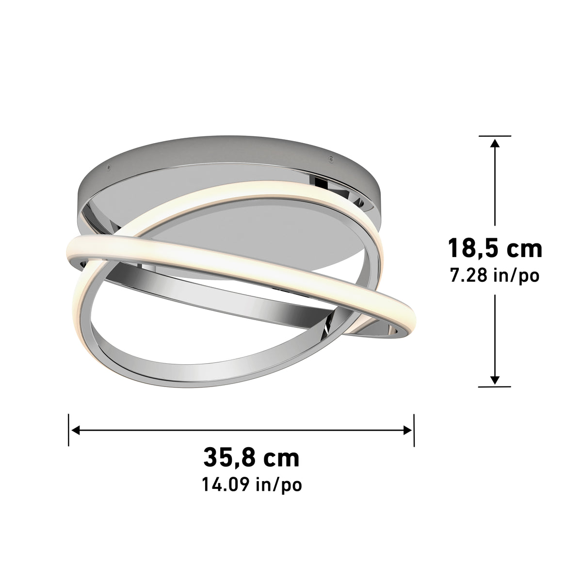 The Artika Orbia modern LED flush mount light 3 CCT features two interlocking rings on a round base, measuring 35.8 cm (14.09 in) wide and 18.5 cm (7.28 in) high.