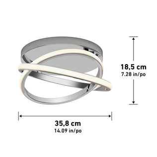 The Artika Orbia modern LED flush mount light 3 CCT features two interlocking rings on a round base, measuring 35.8 cm (14.09 in) wide and 18.5 cm (7.28 in) high.