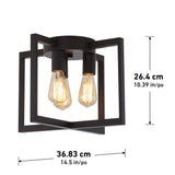 A modern black ceiling light fixture with two exposed bulbs inside an open square frame. Dimensions: 26.4 cm (10.39 in) tall and 36.83 cm (14.5 in) wide.