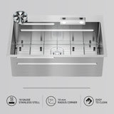 Top view of a rectangular stainless steel kitchen sink with a drain, rounded 10 mm corners, and a metal grid at the bottom. Three icons below highlight features: 18 gauge steel, 10 mm radius corners, and easy to clean.