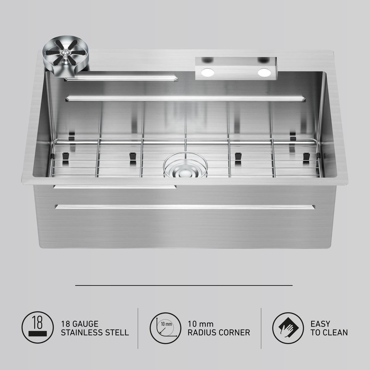 Top view of the Artika Neoflow 31 in. single bowl stainless steel workstation sink featuring a drain, protective grid, and square 10 mm radius corners. Icons highlight its 18-gauge steel and easy-to-clean design—ideal with a pull-down faucet.