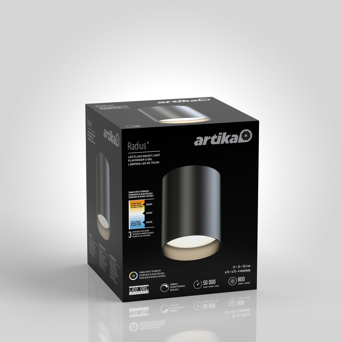 A black product box for the Artika Radius LED flush mount light, featuring an image of the cylindrical light fixture, product specifications, and branding on a light gradient background.