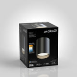 A black product box for the Artika Radius LED flush mount light, featuring an image of the cylindrical light fixture, product specifications, and branding on a light gradient background.