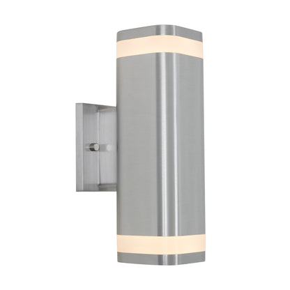 The Artika Mettle LED indoor-outdoor wall light features a modern brushed metal design with a rectangular backplate and cylindrical body, emitting soft white light from both the top and bottom ends.